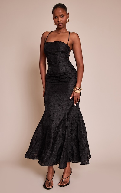 Black Textured Lace Up Back Maxi Dress