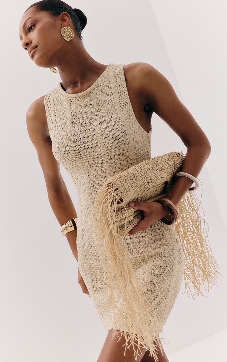 Natural Fringed Raffia Wooden Handle Beach Grab Bag image 1