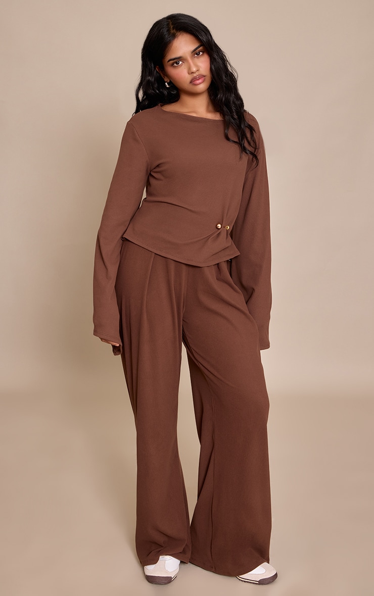 Petite Chocolate Pleat Detail Wide Leg Trousers