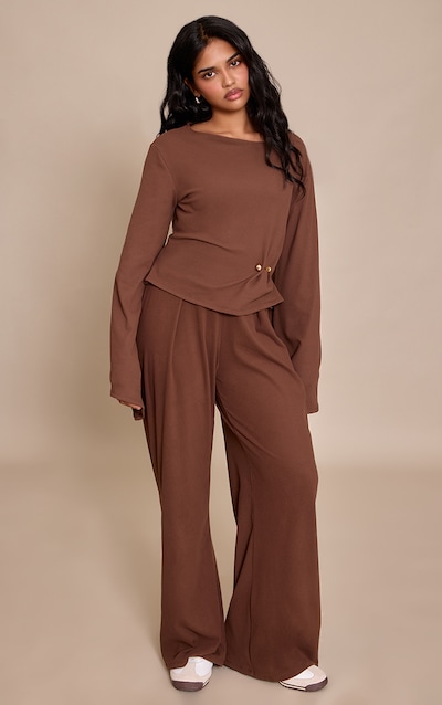 Petite Chocolate Pleat Detail Wide Leg Trousers