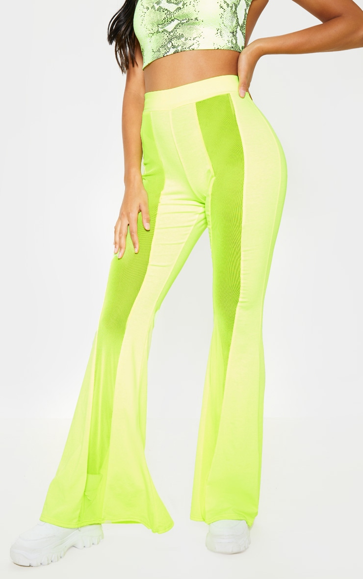 Neon Yellow Mesh Front Panel Flared Pants PrettyLittleThing