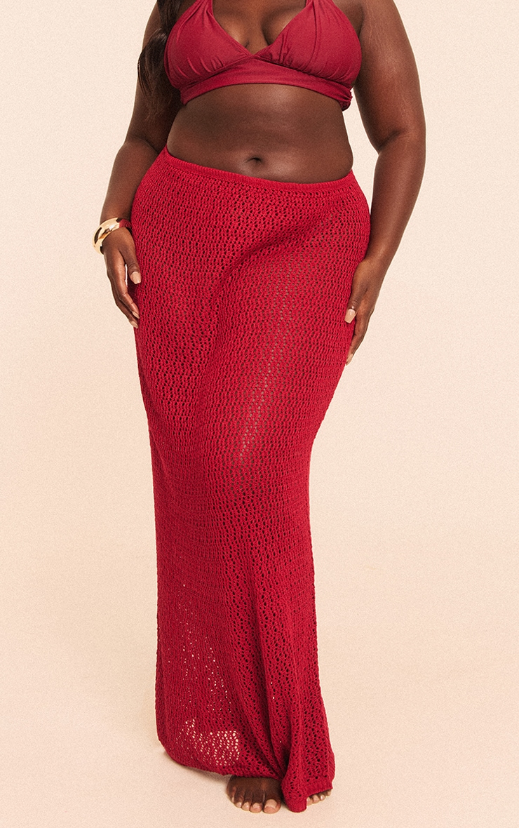 Plus Burgundy Crochet Maxi Beach Skirt image 2