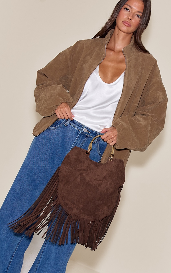 Chocolate Fringe Metal Handle Slouchy Tote Bag