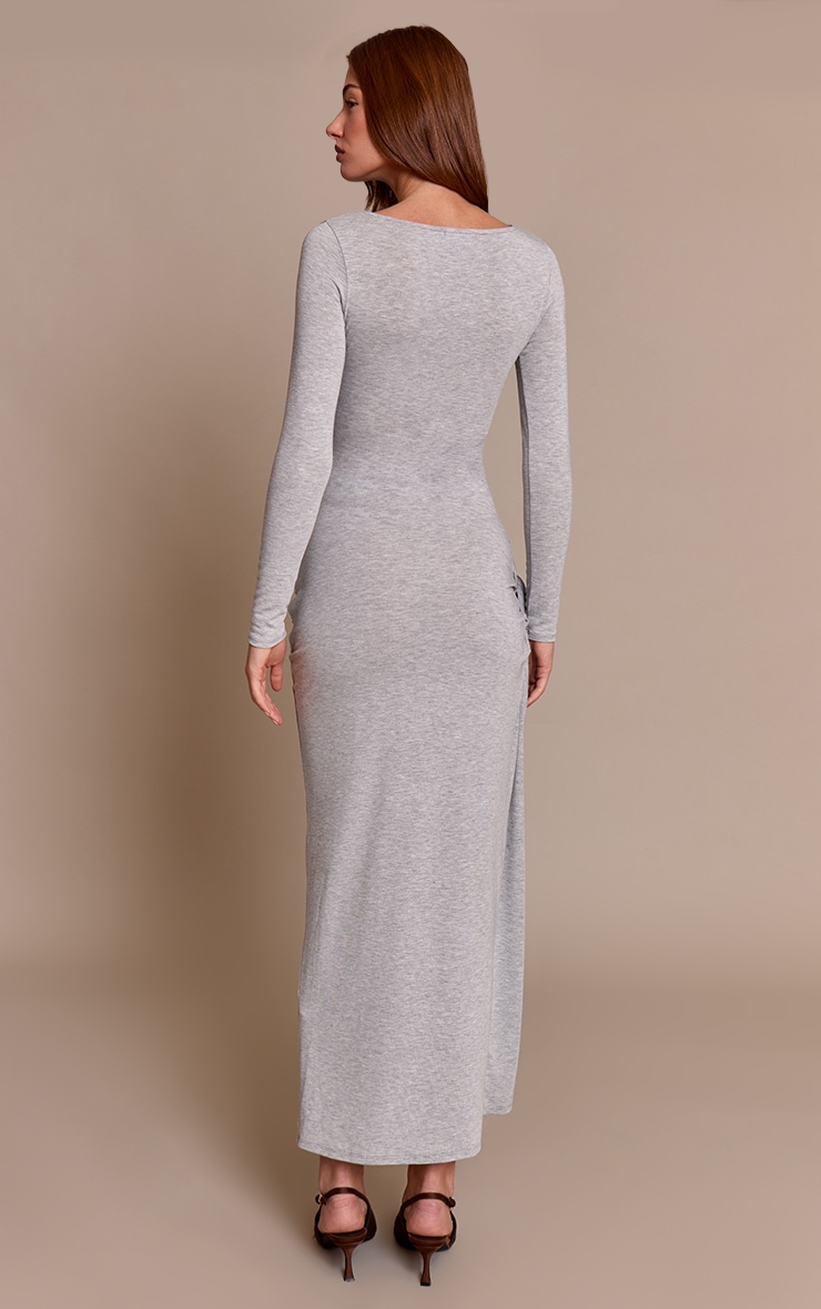 Grey Jersey Knot Drape Detail Long Sleeve Maxi Dress image 2