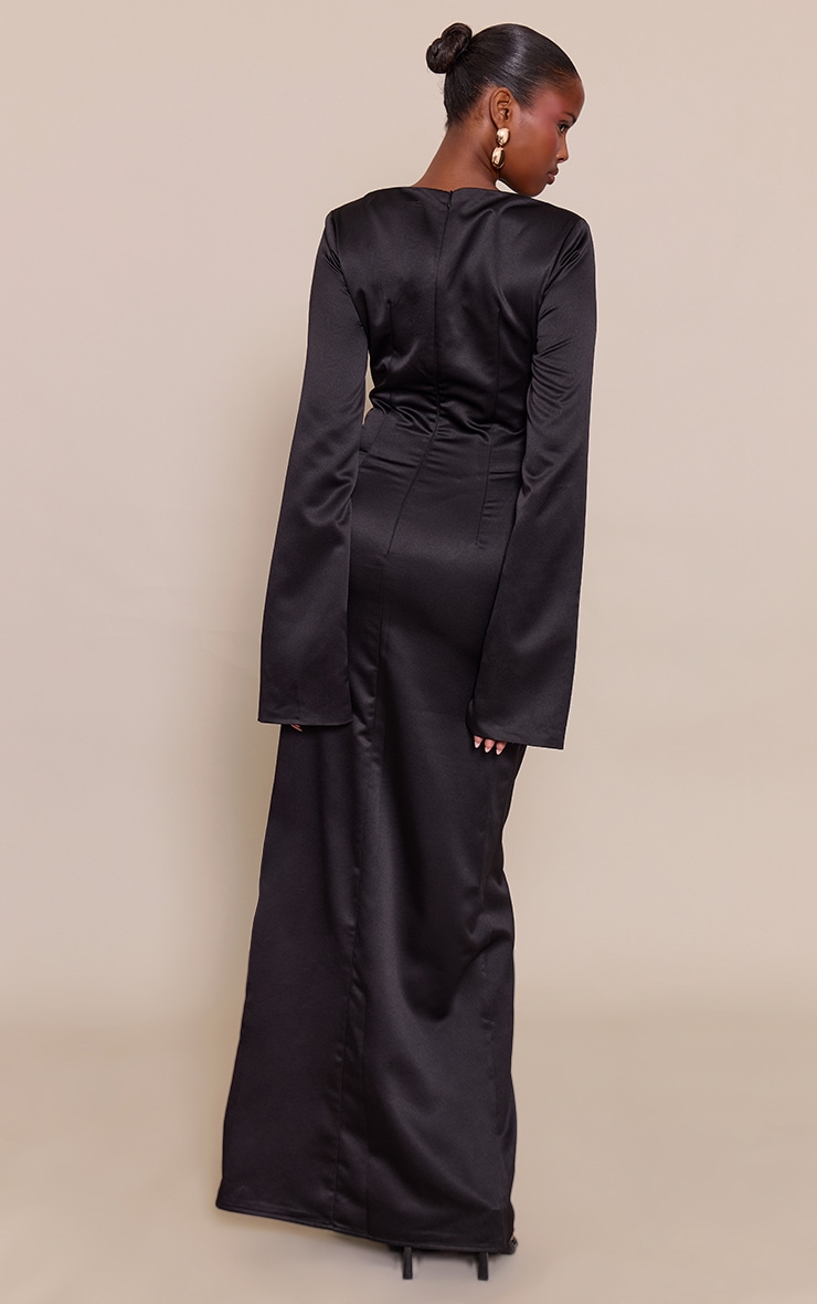 Black Satin High Neck Flared Sleeve Maxi Dress image 2