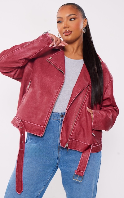 Plus Cherry Red Vintage Faux Leather Oversized Zip Up Biker Jacket