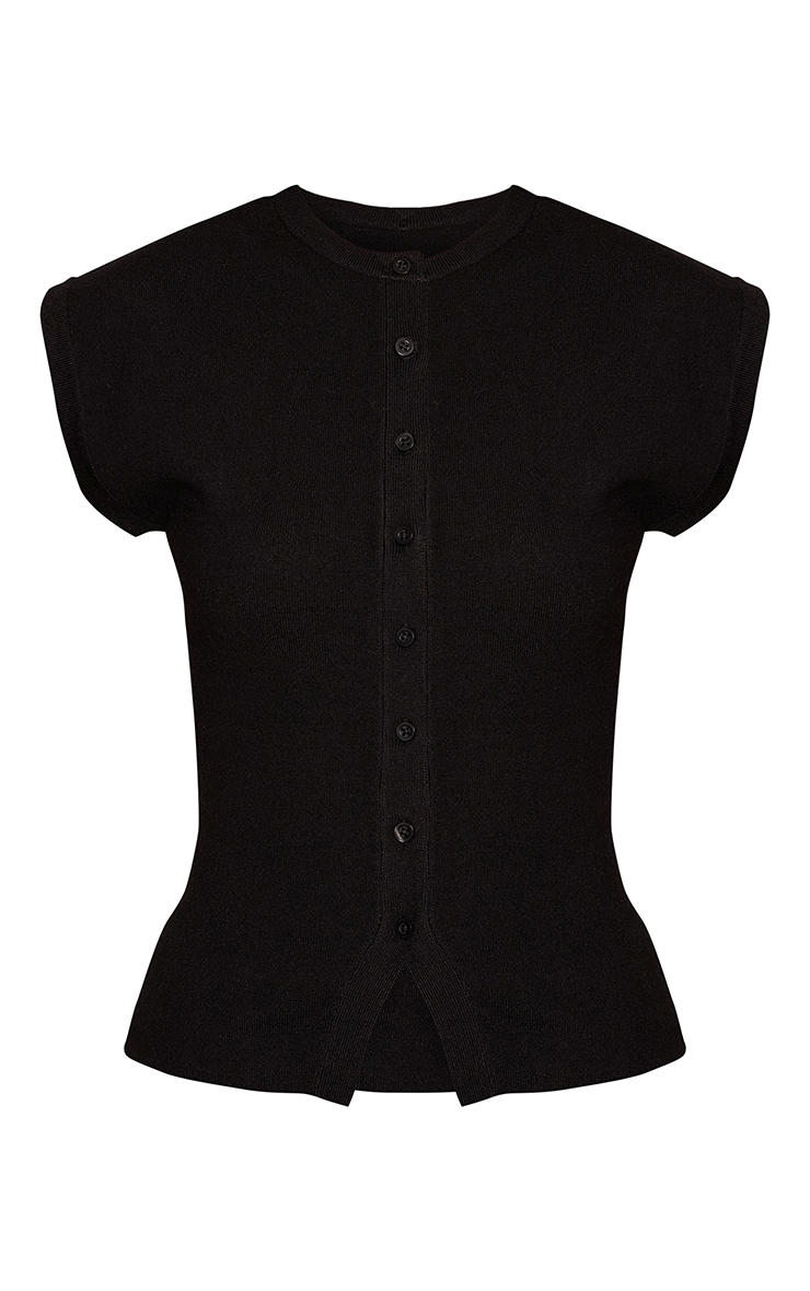 Tall Black Short Sleeved Button Down Knitted Top  image 5