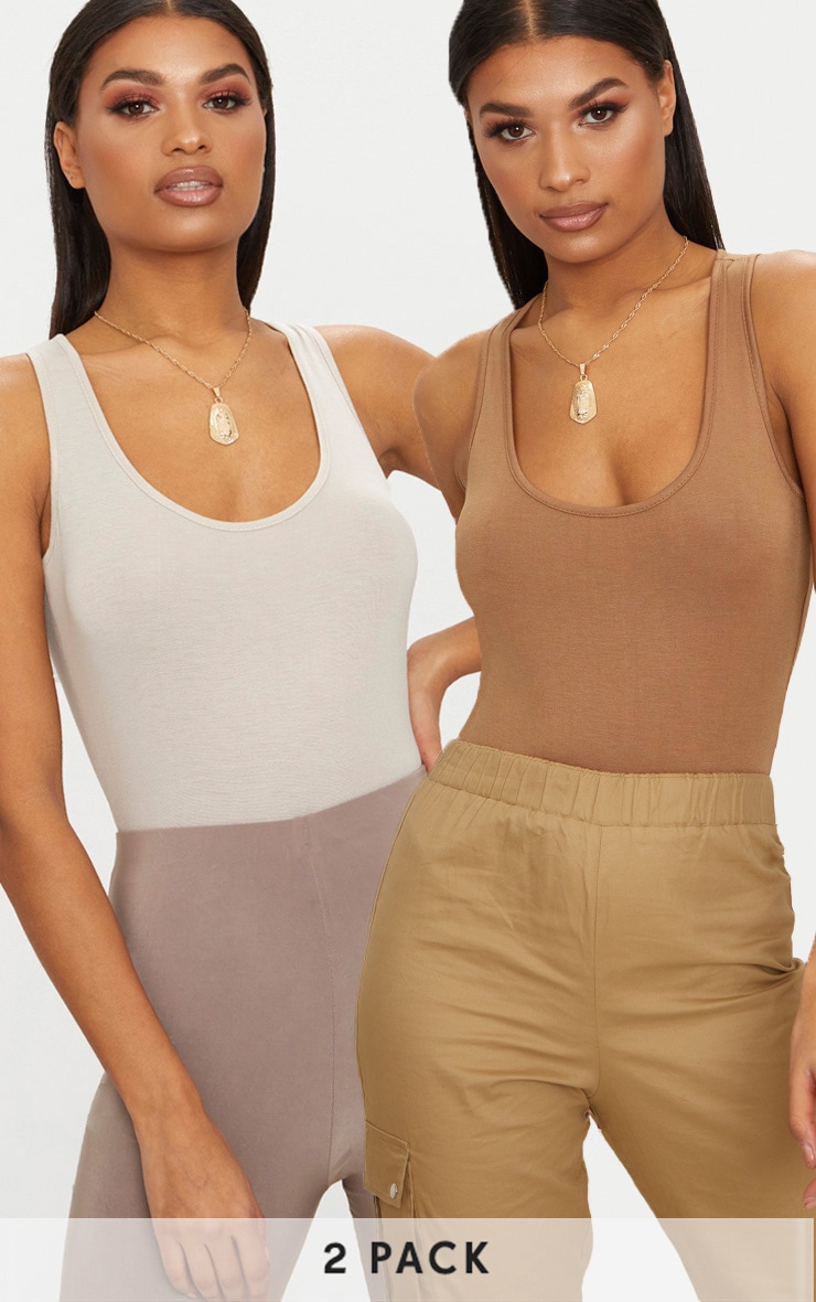 Basic 2 Pack Camel & Stone Racer Back Bodysuit