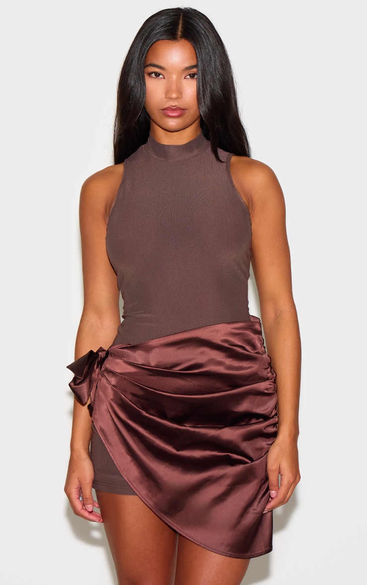 Chocolate Woven High Neck Satin Drape Mini Dress