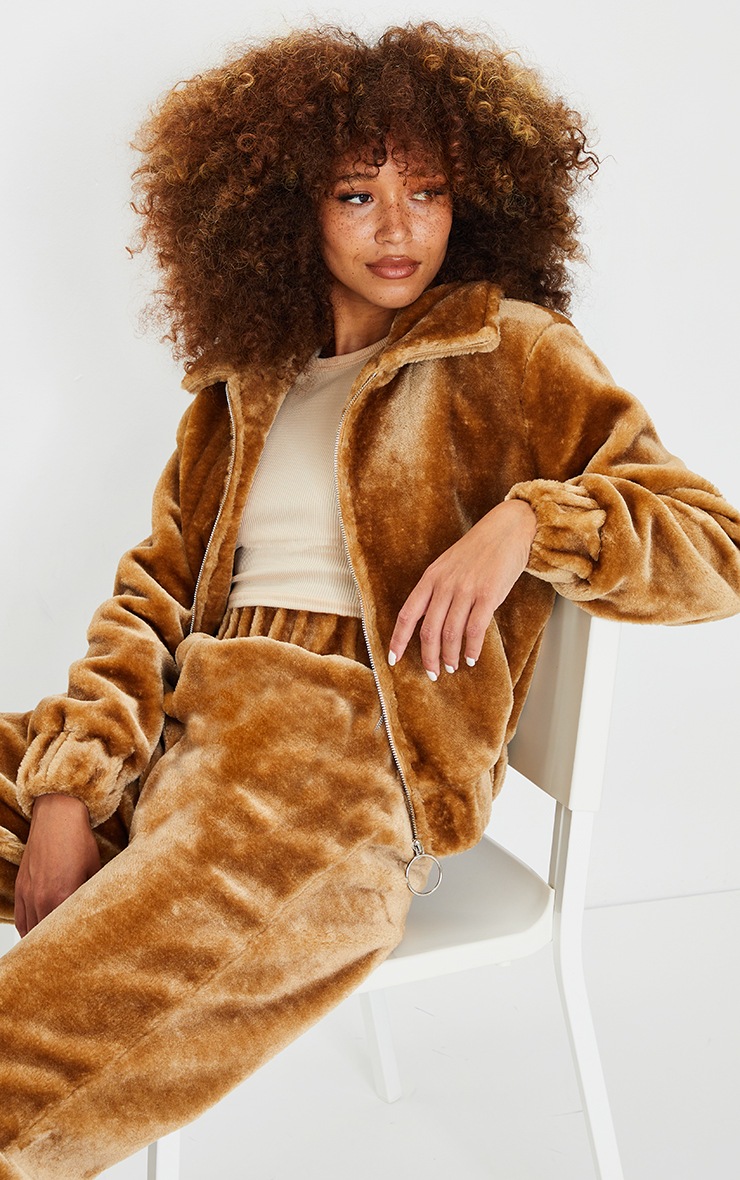 Camel Faux Fur Zip Detail Jacket