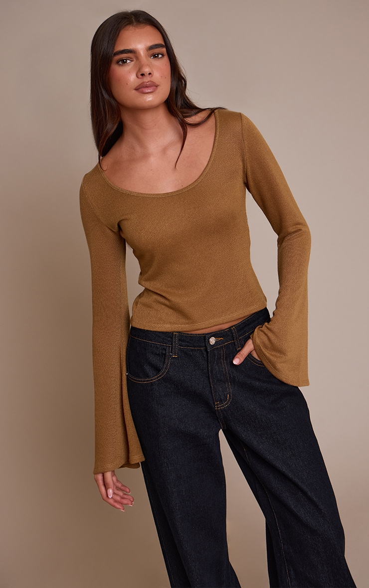 Tan Textured Jersey Scoop Neck Flared Long Sleeve Top