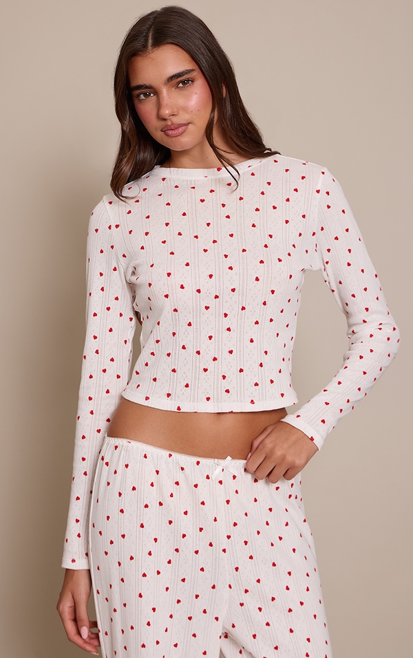 Red Heart Print Pointelle Long Sleeve Pyjama Top