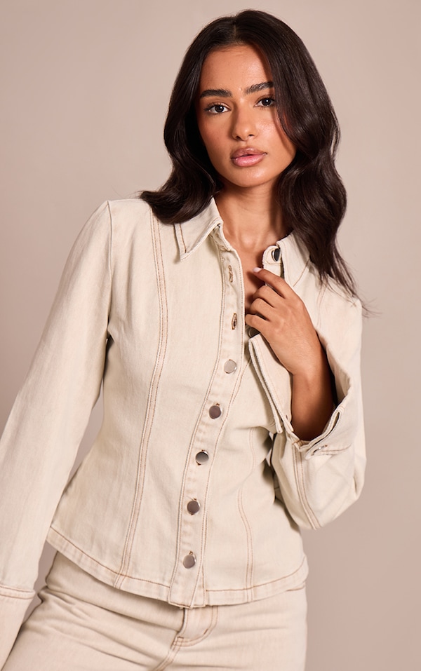 Petite Washed Stone Long Sleeve Fitted Denim Shirt