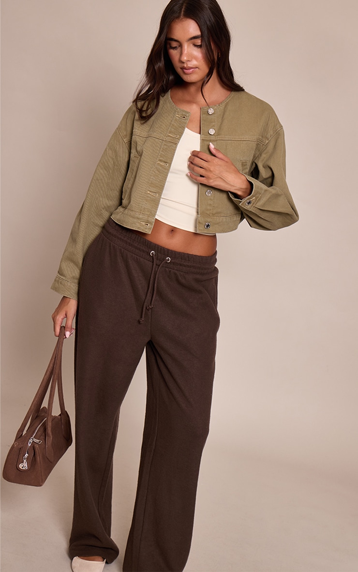 Olive Collarless Cropped Denim Jacket image 3