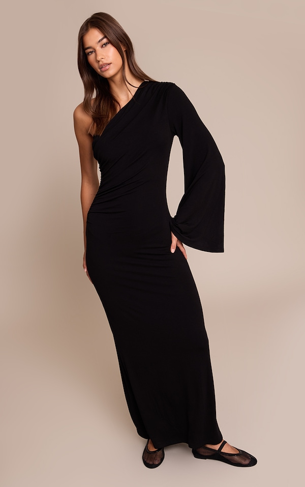 Black Jersey One Shoulder Ruched Detail Maxi Dress