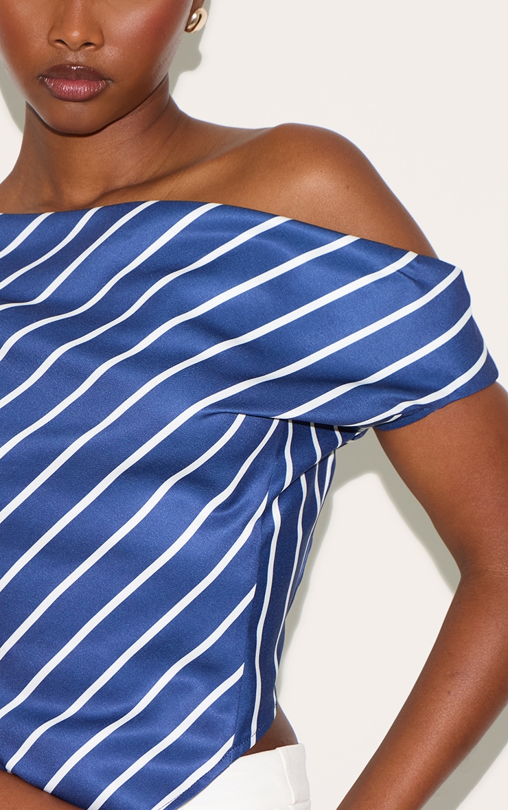 Indigo Blue Striped Satin Asymmetrical Sleeveless Top image 4