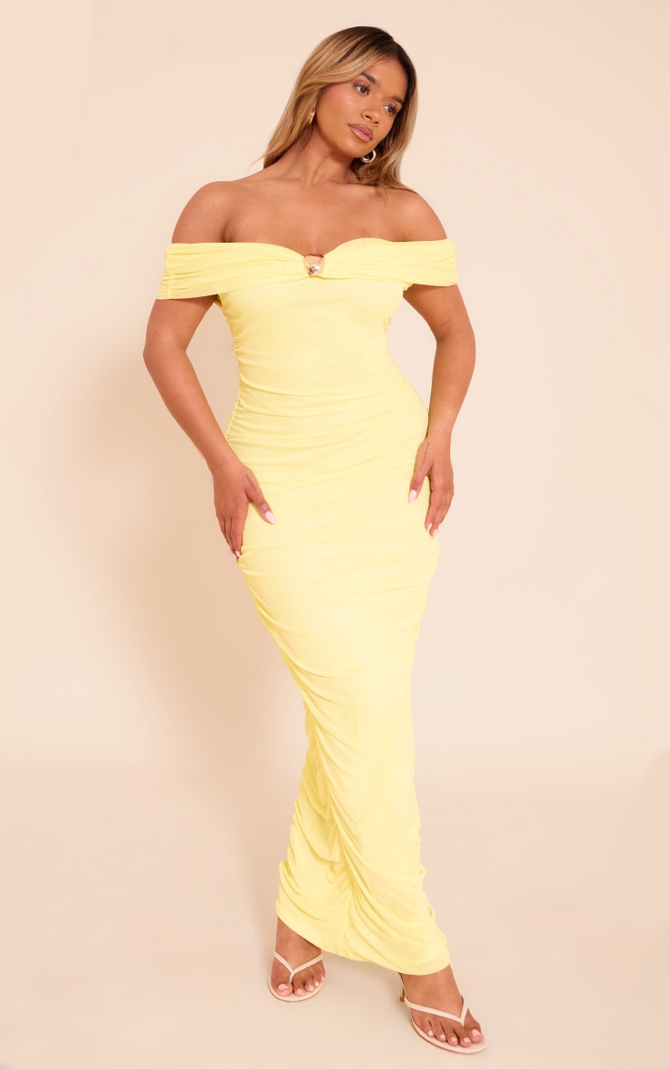 Shape Butter Yellow Mesh Bardot Gold Trim Ruched Maxi Dress image 3