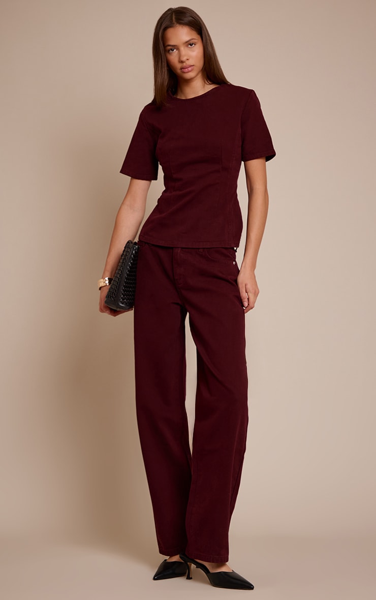 Dark Burgundy Cinched Waist Peplum Denim Top image 3
