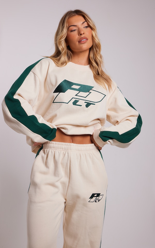 Plt Cream Embroidered Side Oversized Sweatshirt PrettyLittleThing USA
