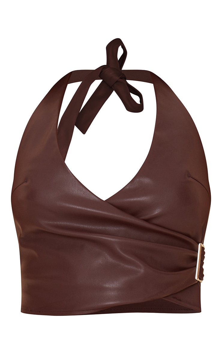 Chocolate Brown Faux Leather Halterneck Buckle Top image 5