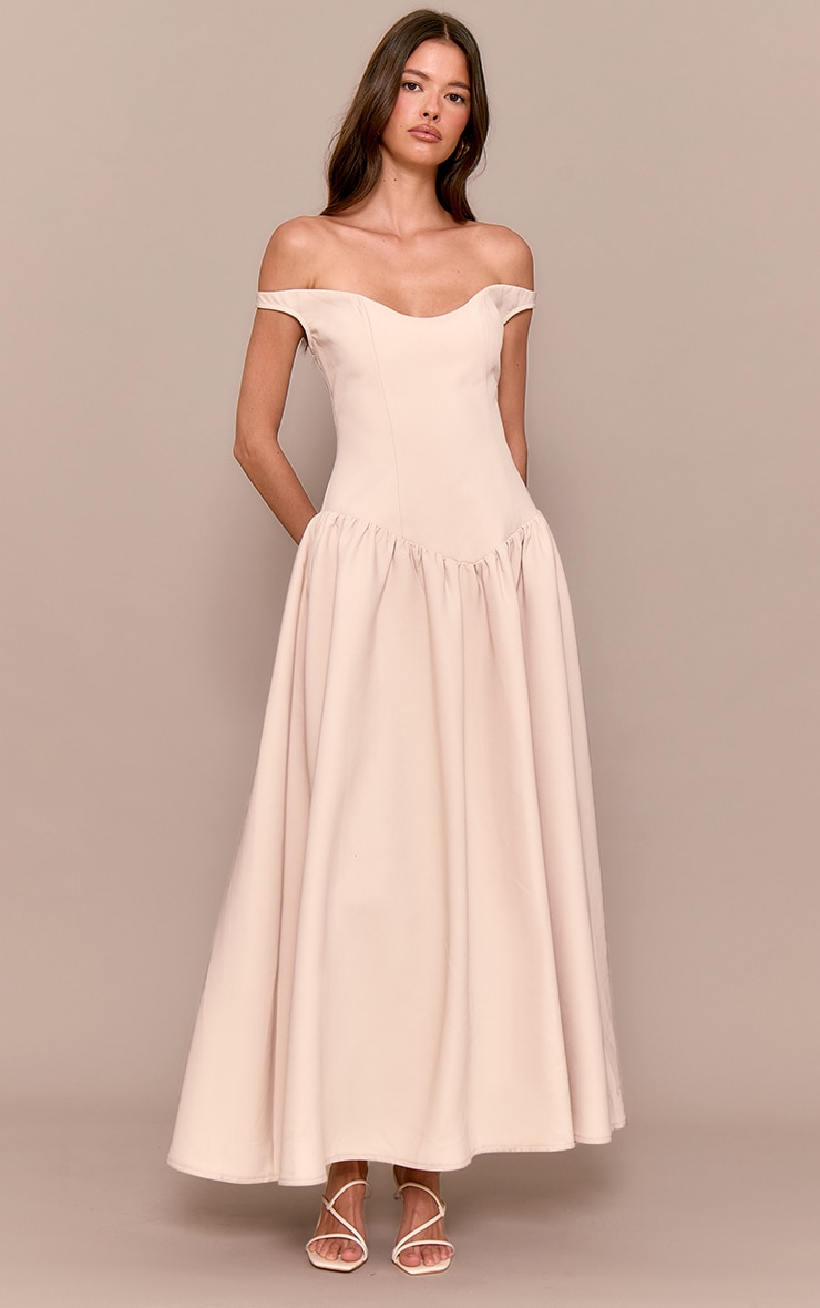 Cream Woven Dipped Bardot Ruched Midaxi Dress | Dresses
