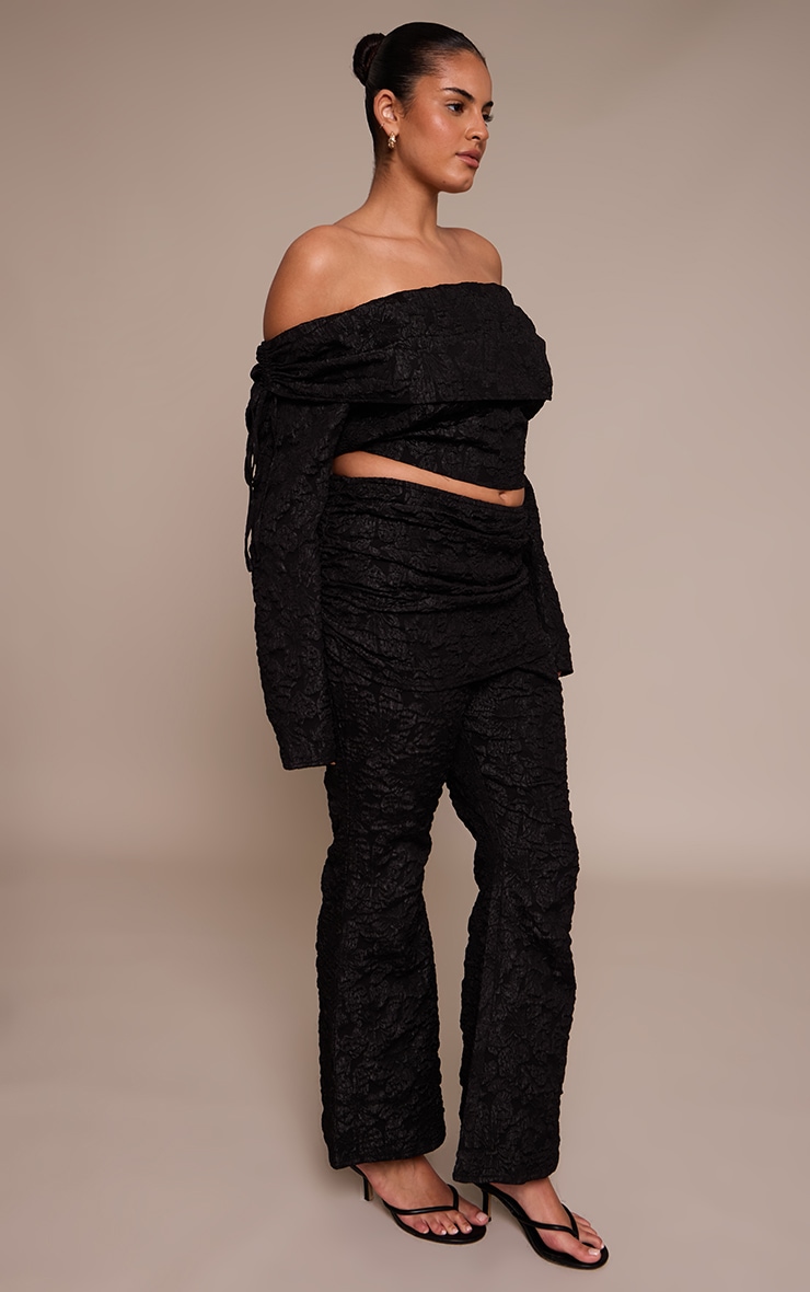 Plus Black Floral Jacquard Fold Over Wide Leg Pants image 2