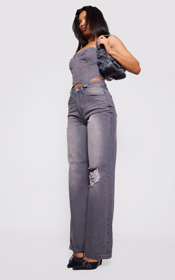 Washed Grey Detachable Bandeau Denim Jumpsuit image 3