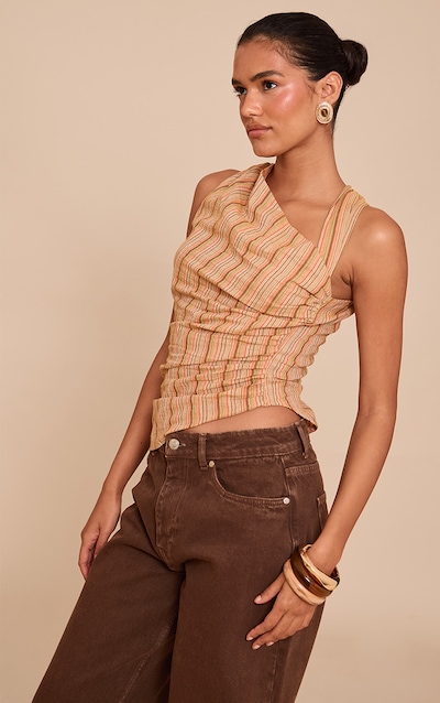 Orange Linen Look Striped Asymmetric Top