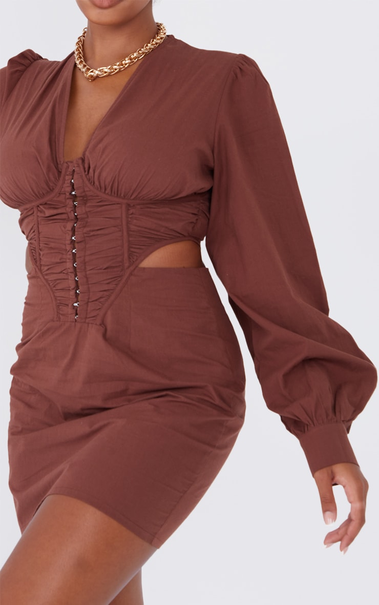 Chocolate Long Sleeve Hook & Eye Ruched Cut Out Bodycon Dress image 4