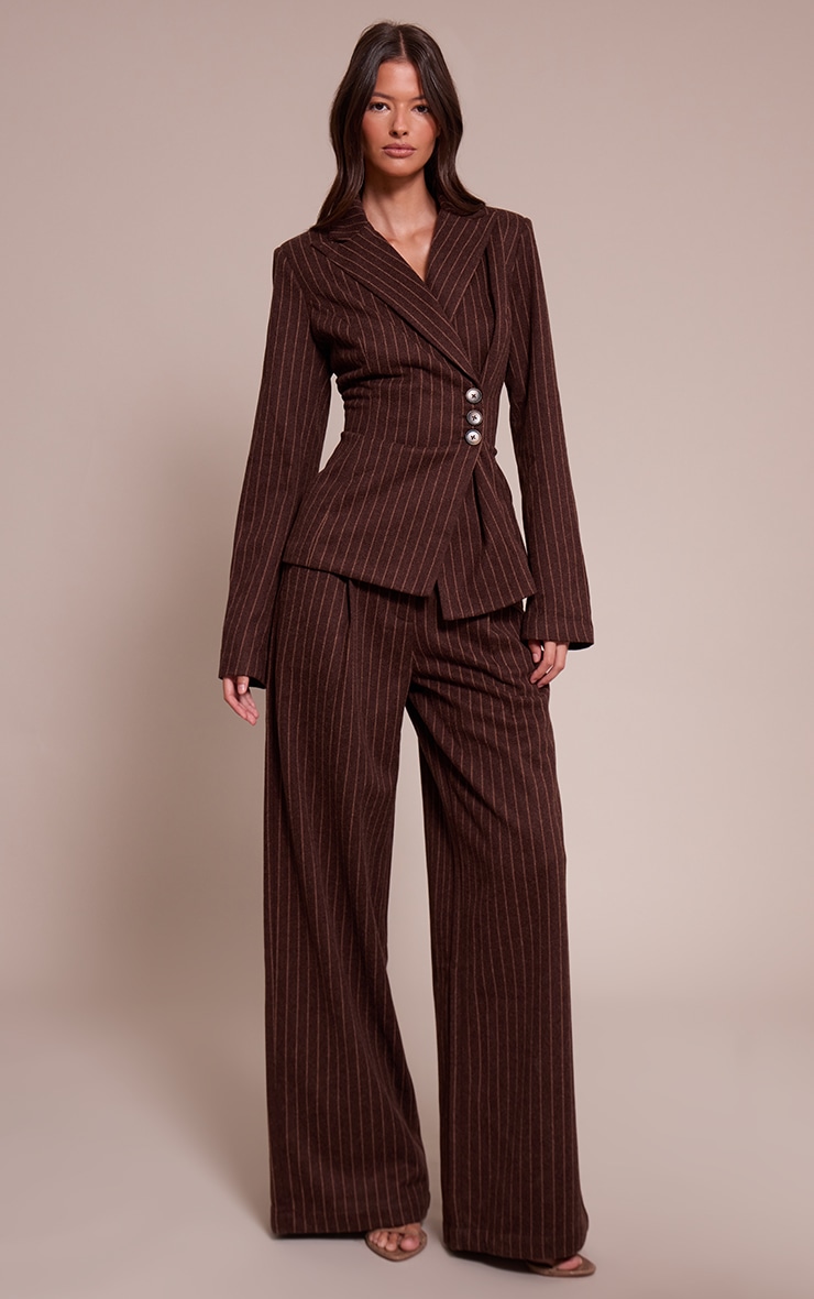 Chocolate Pinstripe Heavy Brushed Pleated Straight Leg Pants image 1