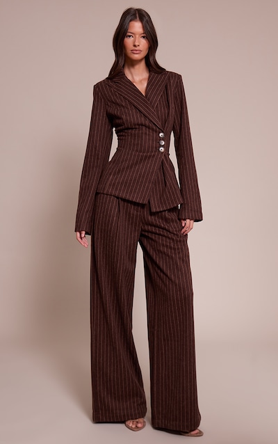 Chocolate Pinstripe Heavy Brushed Pleated Straight Leg Pants