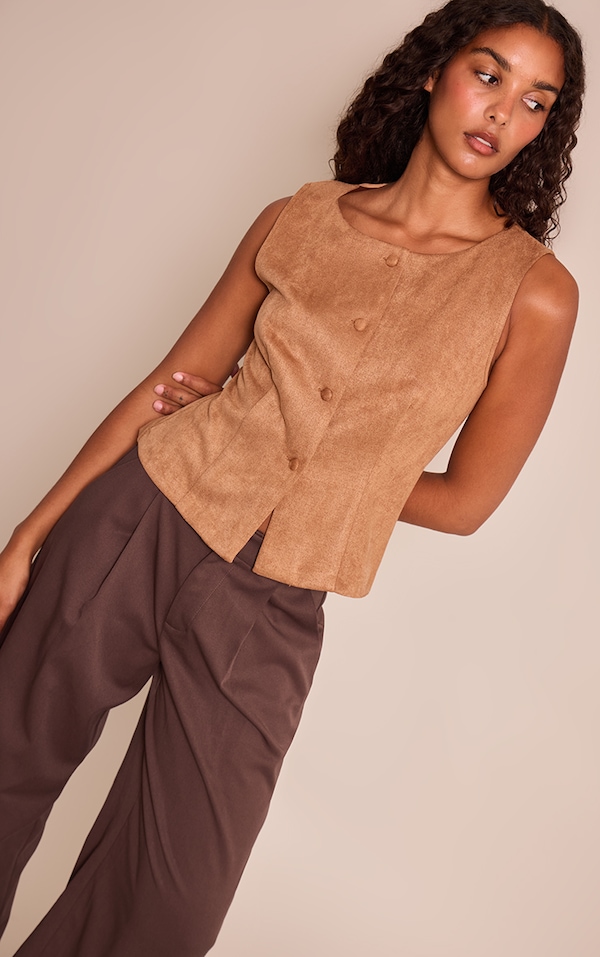 Tan Faux Suede Popper Detail Vest