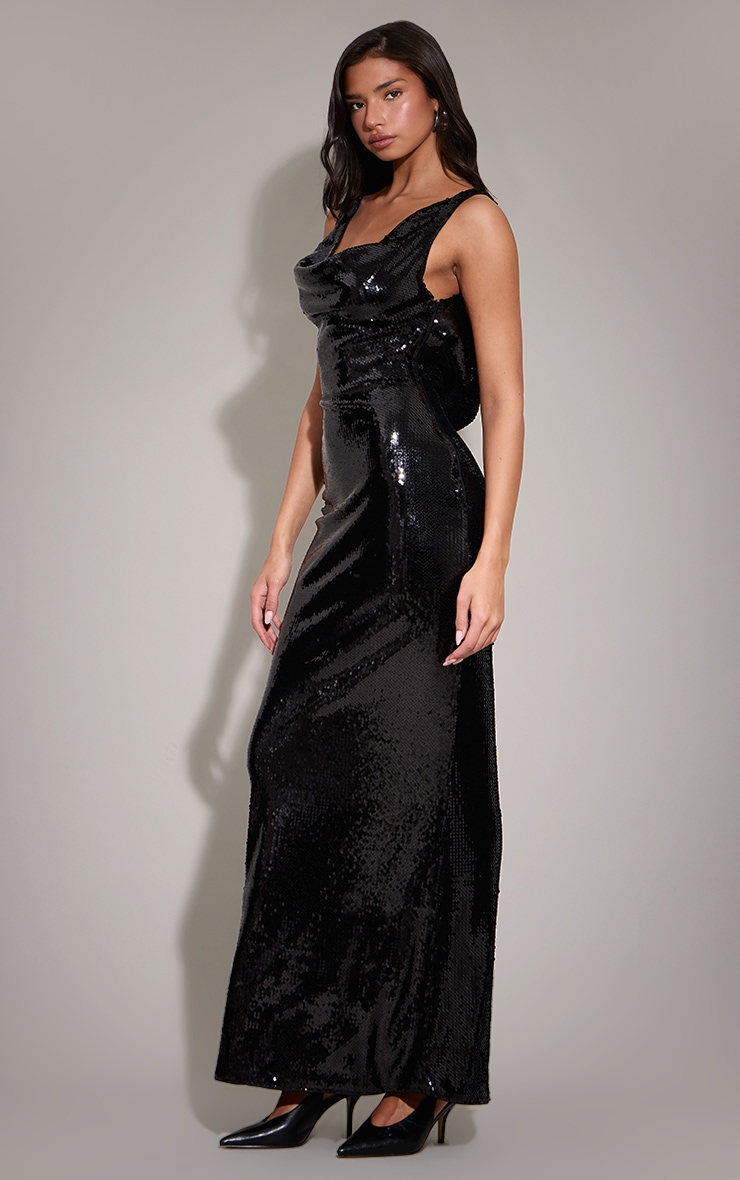 Black Sequin Cowl Maxi Dress image 3