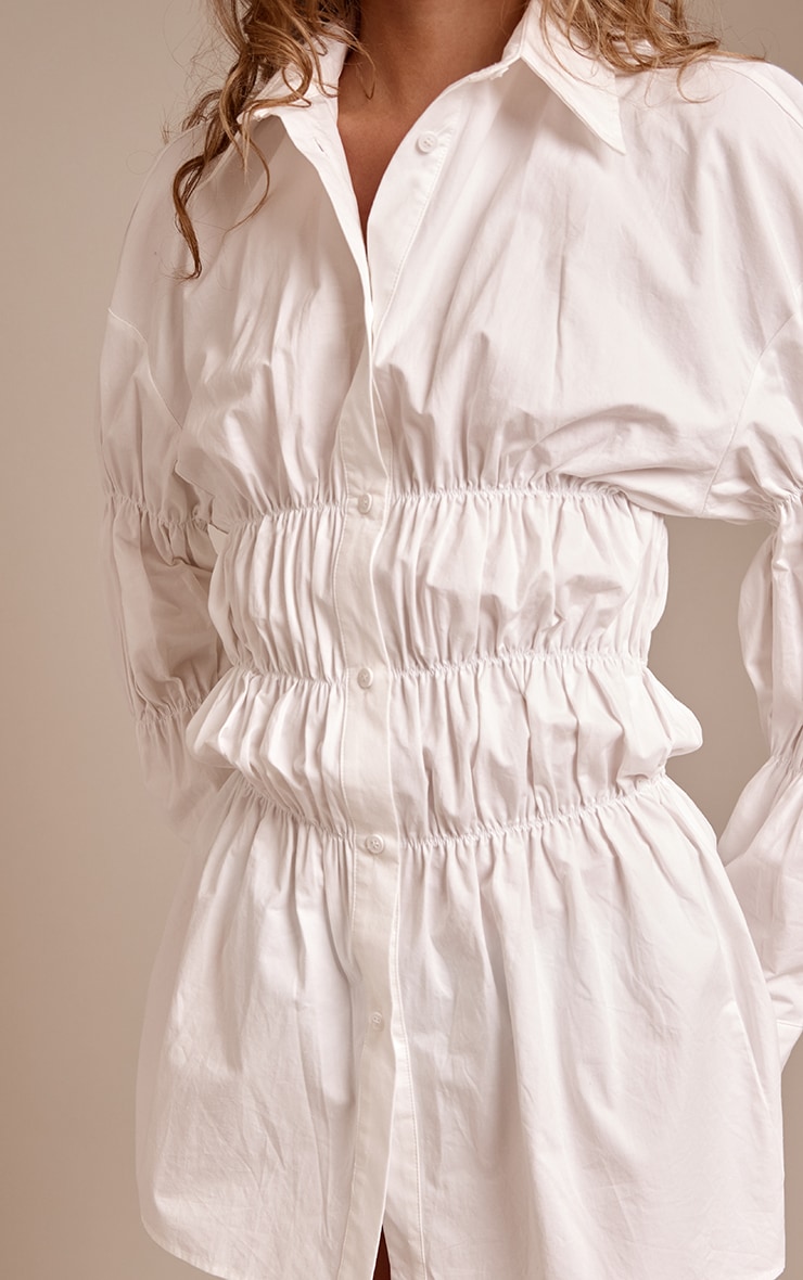 White Ruched Long Sleeve Shirt Dress image 4