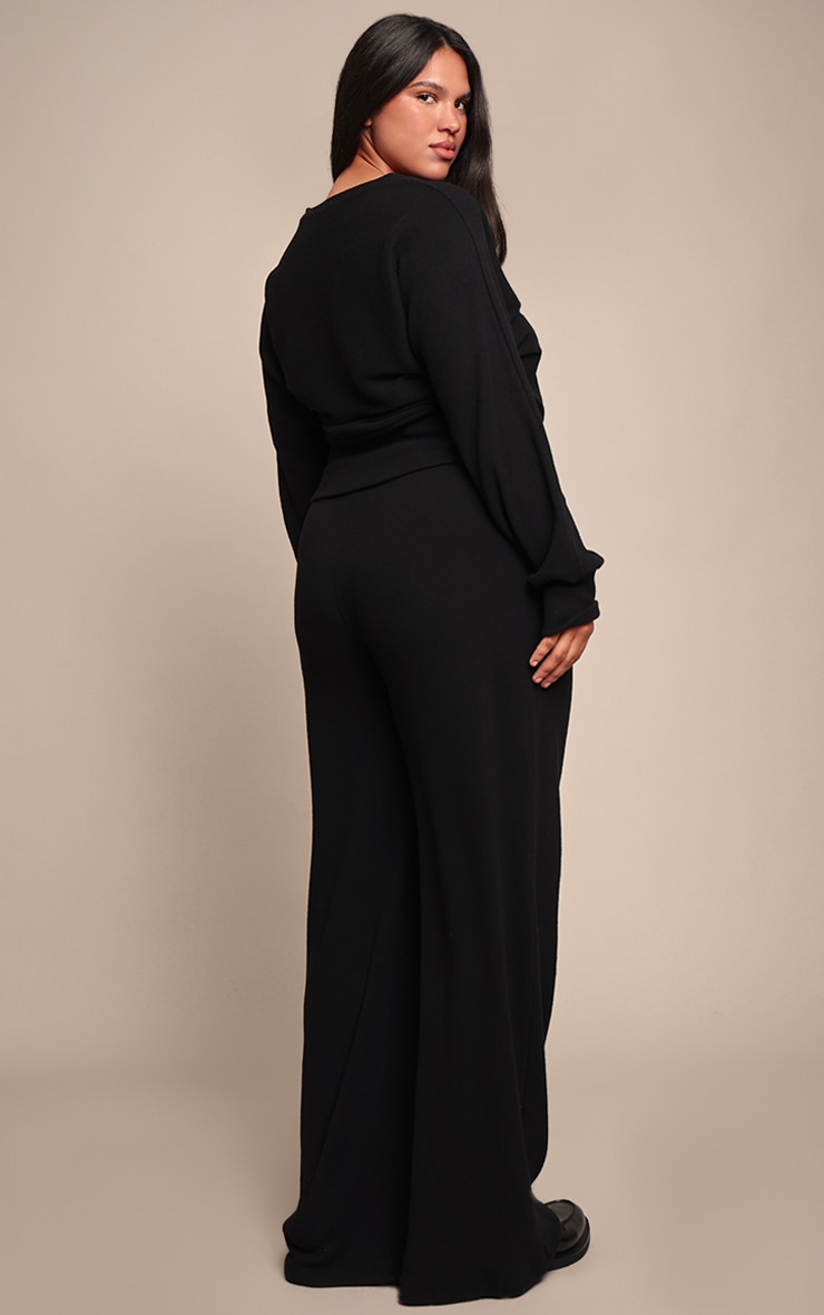 Plus Black Soft Ribbed Low Rise Wide Leg Trousers image 3