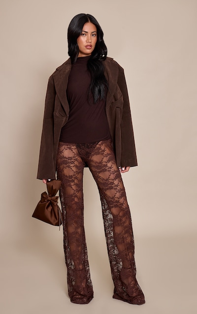 Pantalon droit en dentelle chocolat transparente