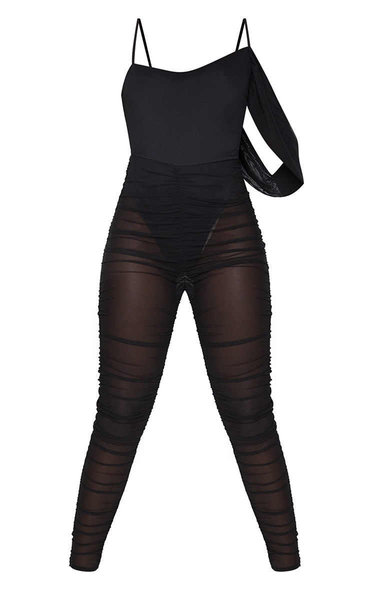 Black Mesh Ruched Drape Strappy Jumpsuit