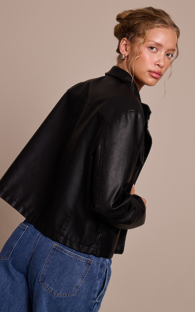 Black Faux Leather Funnel Neck Jacket image 2