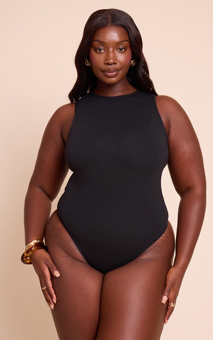 Plus Black Soft Cotton Racer Sleeveless Bodysuit image 2