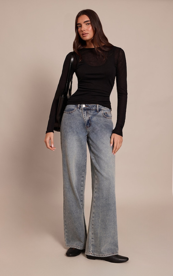 Vintage Wash Asymmetric Waistband Wide Leg Jeans