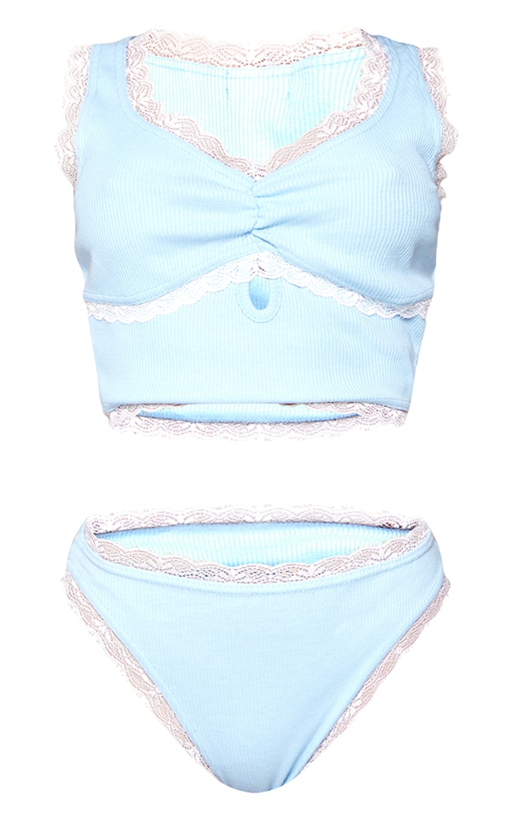 Light Blue Rib Lace Trim Longline Lingerie Set | Lingerie & Nightwear ...