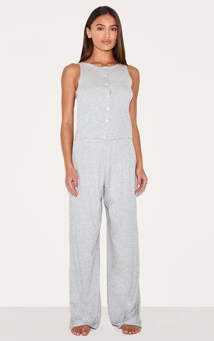 Grey Ribbed Button Vest Long Pj Set image 3