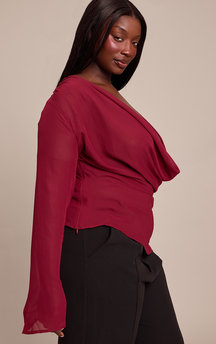 Plus Wine Chiffon Cowl Plunge Blouse  image 4