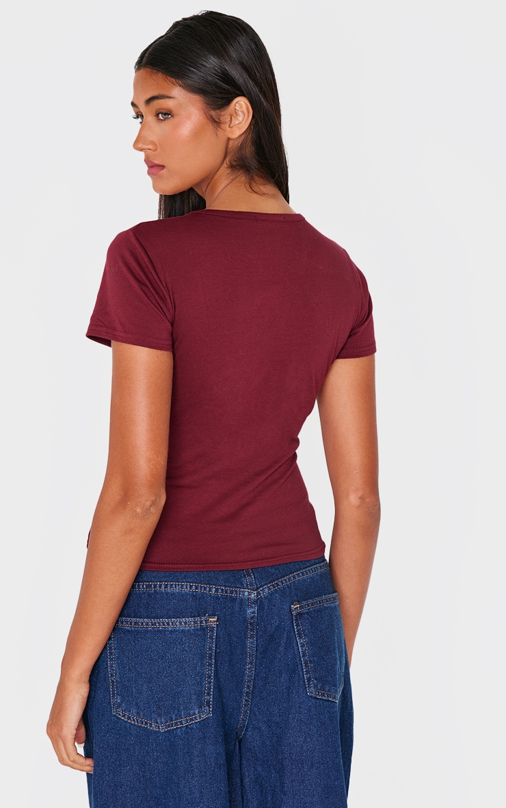 Burgundy Cotton Crew Neck Fitted T Shirt image 2