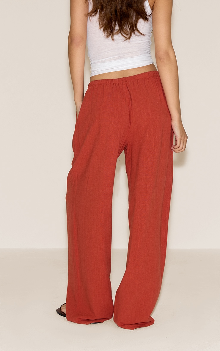 Rust Linen Blend Drawstring Tie Straight Leg Pants image 3