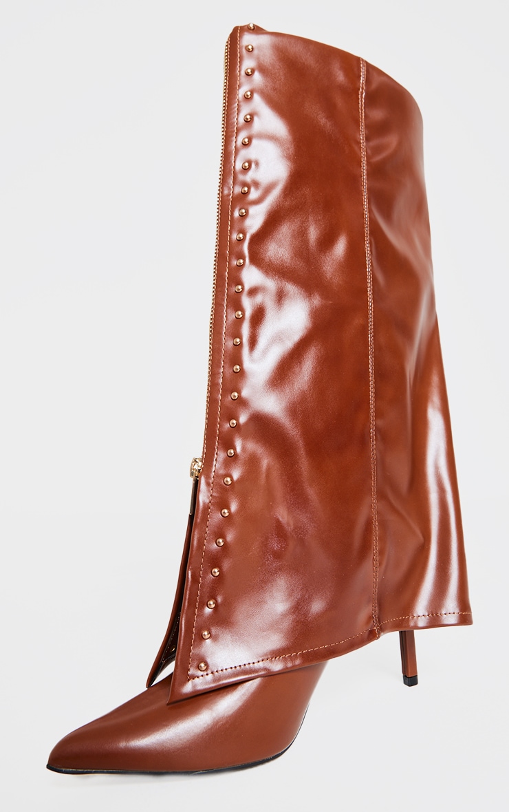 Brown PU Point Toe Gold Stud Fold Over High Stiletto Heeled Boots image 3