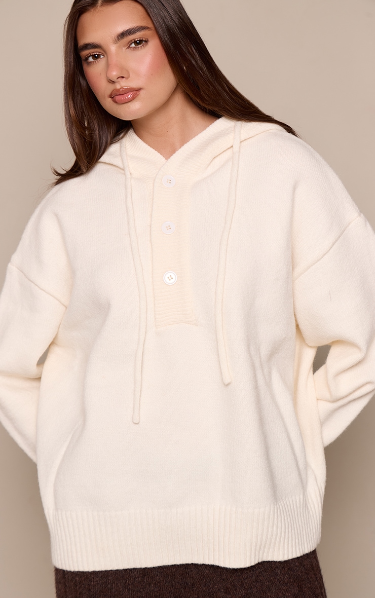 Cream Knitted Button Detail Oversized Hoodie