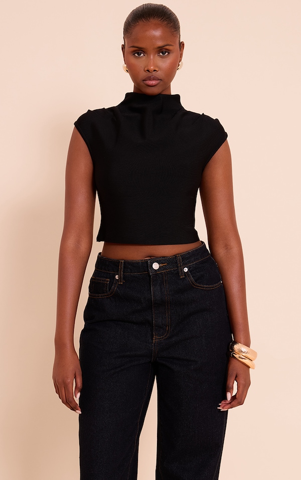 Black Bandage Pleat Detail Cap Sleeve Top