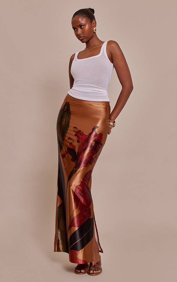 Blush Floral Print Stretch Satin Maxi Skirt