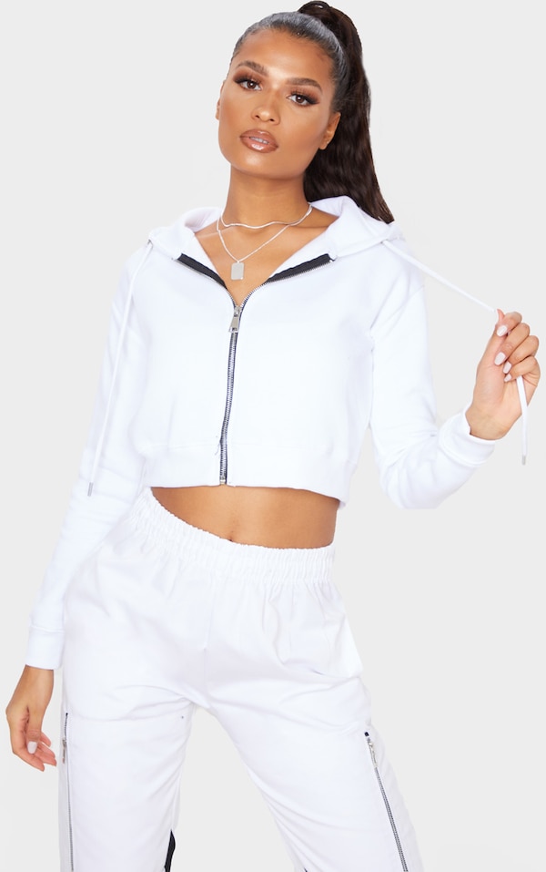 White Crop Zip Hoodie image 1